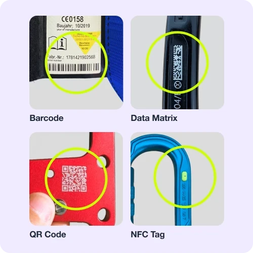 The four ways a Smart PPE item can be tagged: barcode, data matrix, QR code and NFC tag